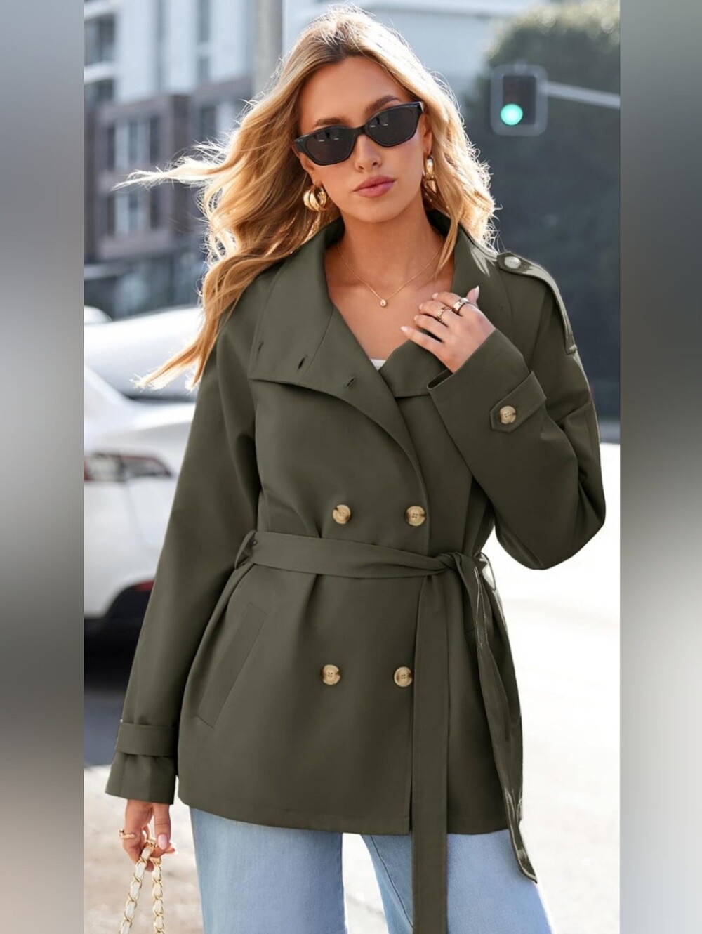 NWT Olive Green Belted Double Breasted Trench Coat Jacket Large